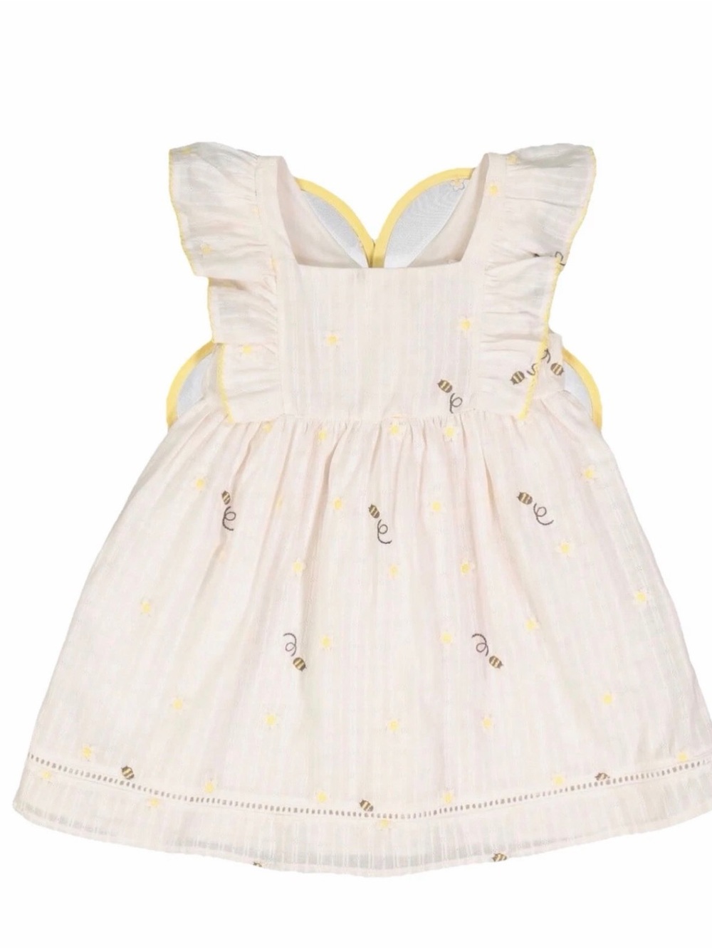 Baby Girls Cream & Yellow Bee Embroidered Ruffle Dress